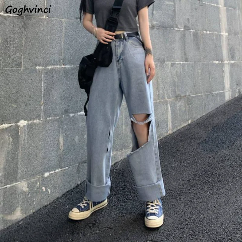 

Hole Jeans Women Vintage Streetwear High Waist Chic Loose Ins Korean Style Straight Personality Fashion Casual Full Length