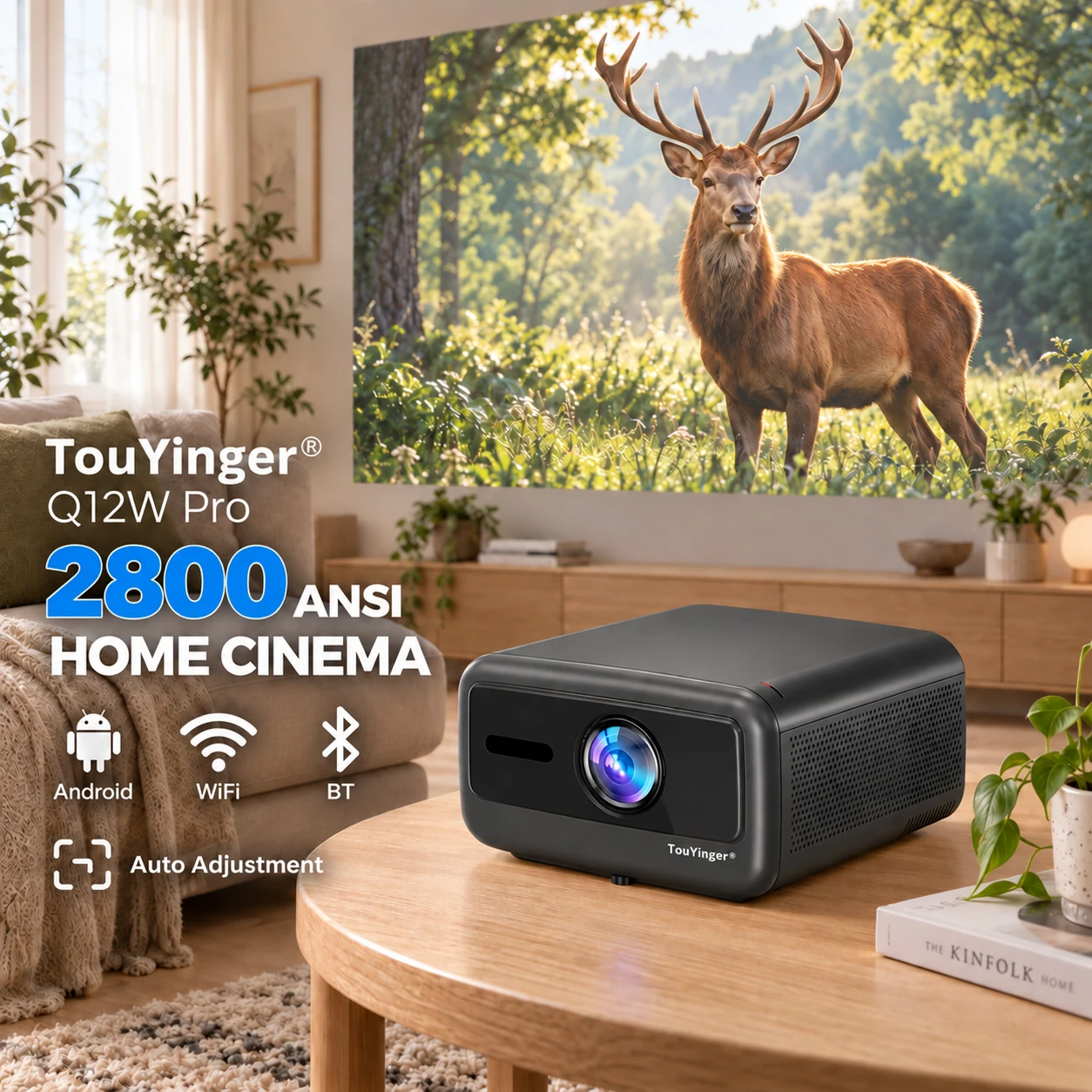 Proyector TouYinger Q12W Pro, 2800 lúmenes ANSI, resolución nativa 1080P Full HD con decodificación 4K, enfoque automático, Android 12, 3