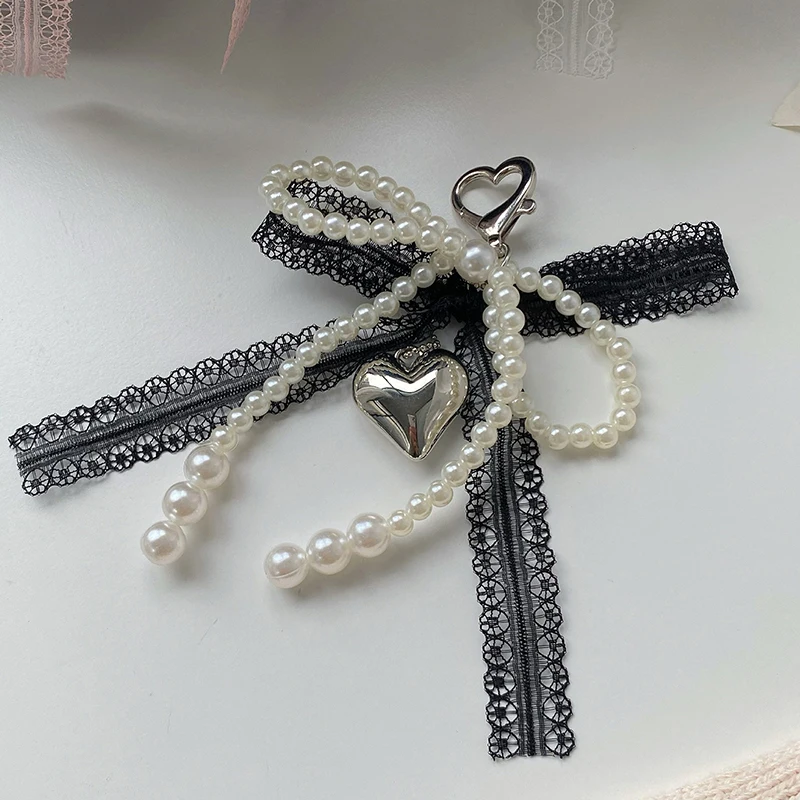 (Ce14) 1Pcs Sweet Lace Bow Beaded Bow Keychain Phone Charm Strap Pendant For Phone Accessories Bag Hanging Cord For Women Girl