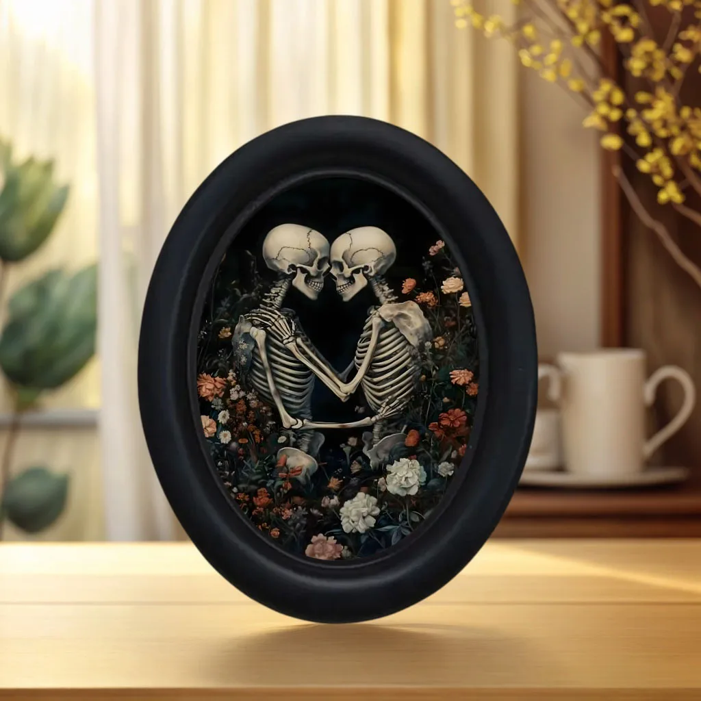 1 Piece of Vintage Floral Embracing Skeleton Couple Photo Frame Wall Decoration, Halloween Dark-Toned Romantic Skeleton Floral Tabletop Ornament, Oval Wall Decoration, Suitable for Home and Office, Perfect for Halloween and Living Room Decor