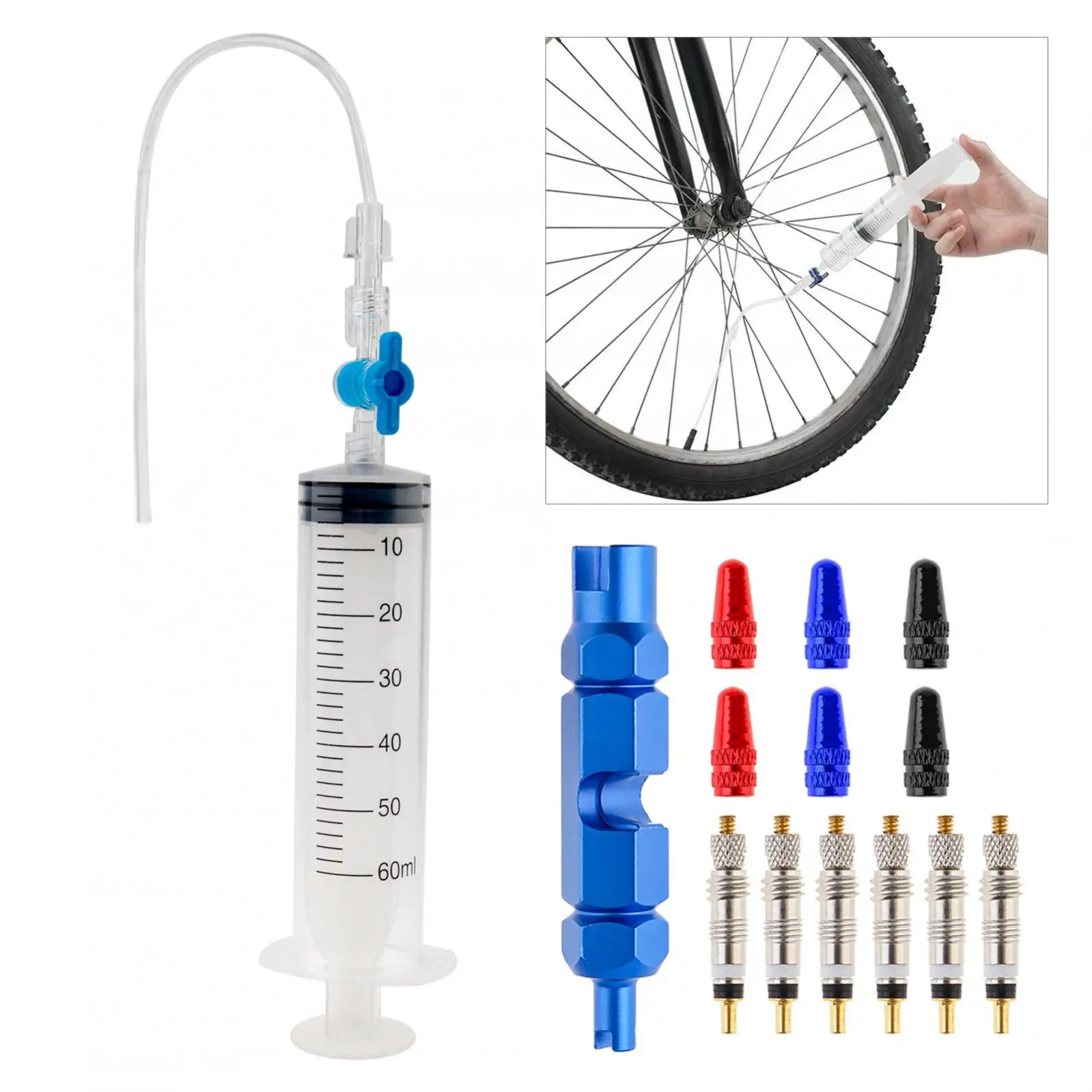 1 Set 60ml Tubeless Sealant Syringe Kit Tire Repair Tool Injector with Valve Core Removal Tool,French Valve Cores, Valve Caps