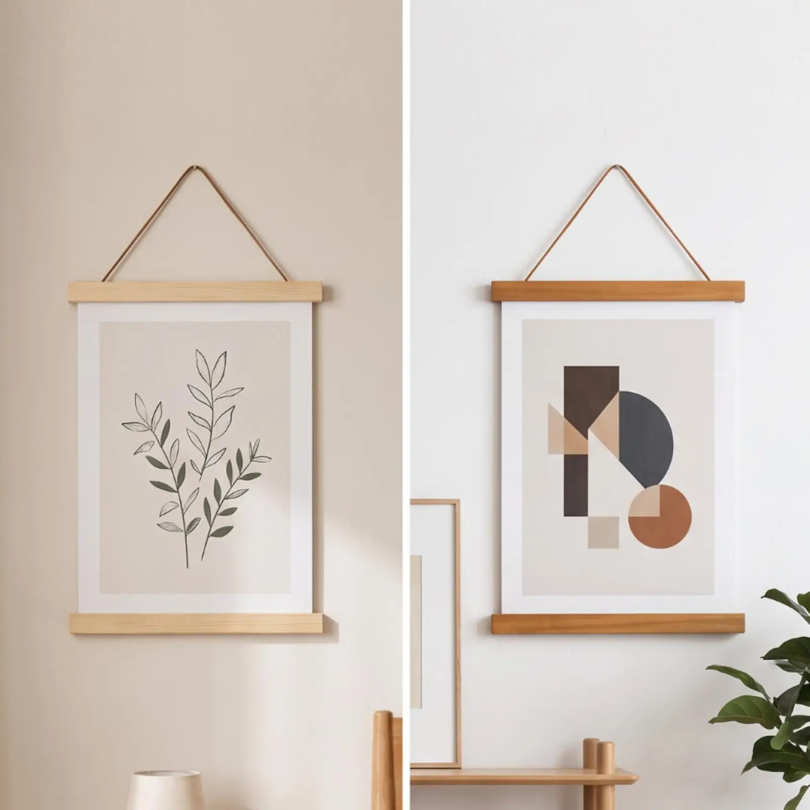 Teak Wood Picture Frame Hanger for Wall Art Display with Magnet Clamp and Minimalist Strip Design