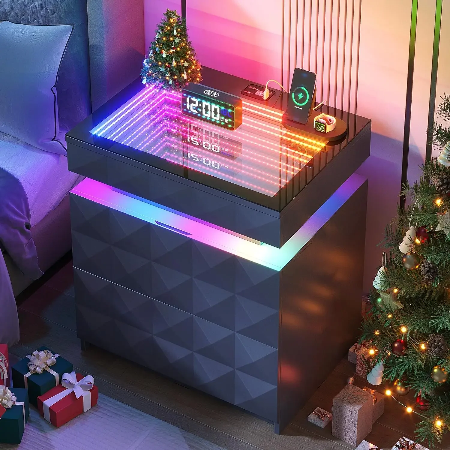 Night Stand with Charging Station & RGB Lights | RGB Lights, Human Body Sensor, Tempered Glass and Sliding Top, 3 Drawers, Hidde