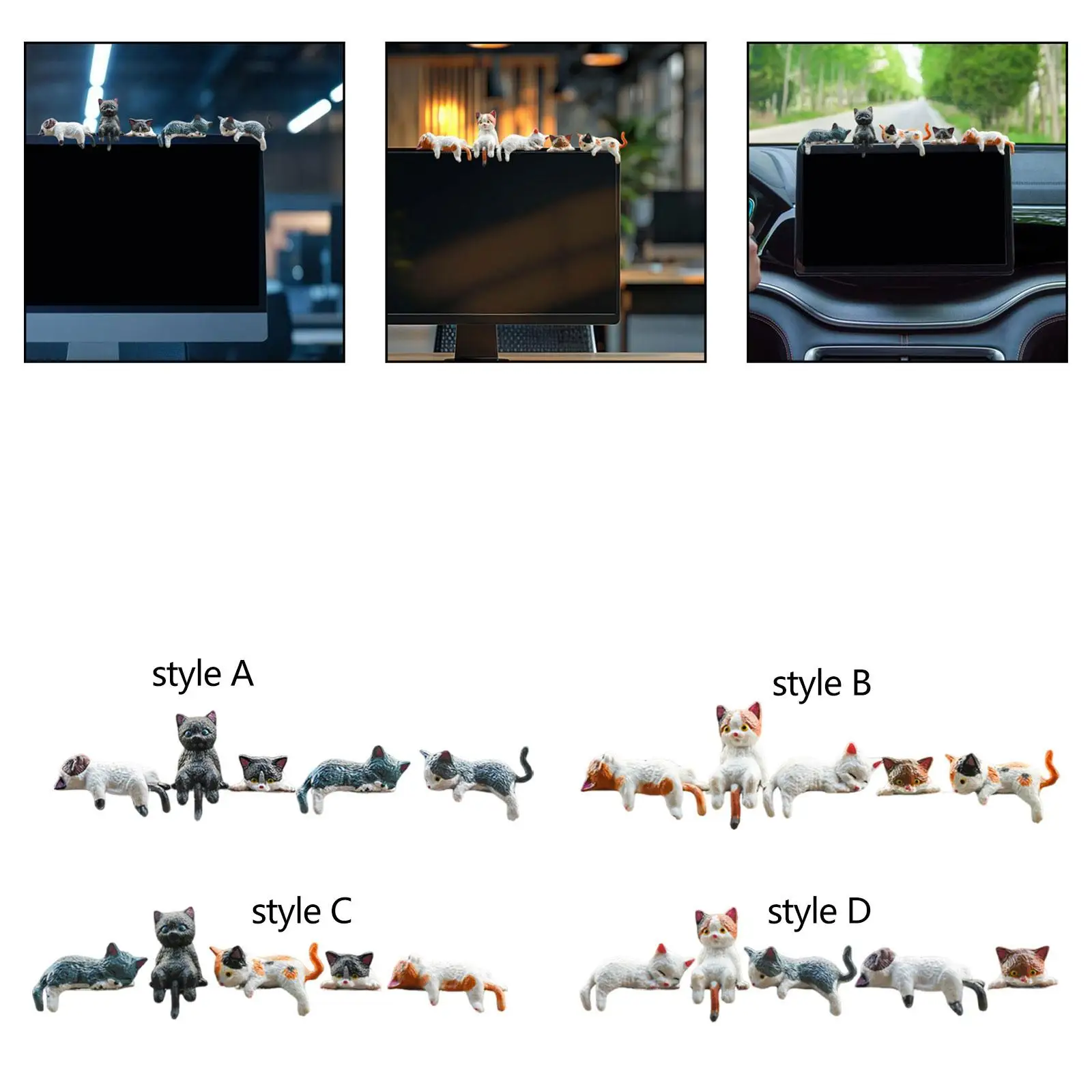 5Pcs Small Cat Statue Car Navigator Screen Table Chairs Resin Animal Sculpture Car Dashboard Accessories Computer Monitor Decor