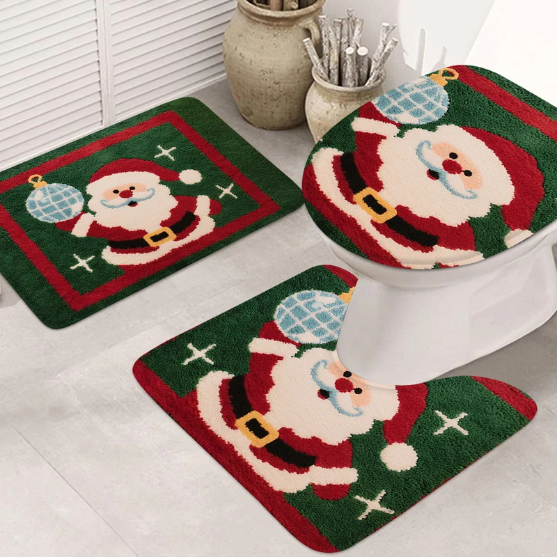 3pcs Christmas Bathroom Foot Mats, Home Bathroom Absorbent Pads, U-Shaped Toilet Cushions, Shower Door Mat, Flannel Carpets