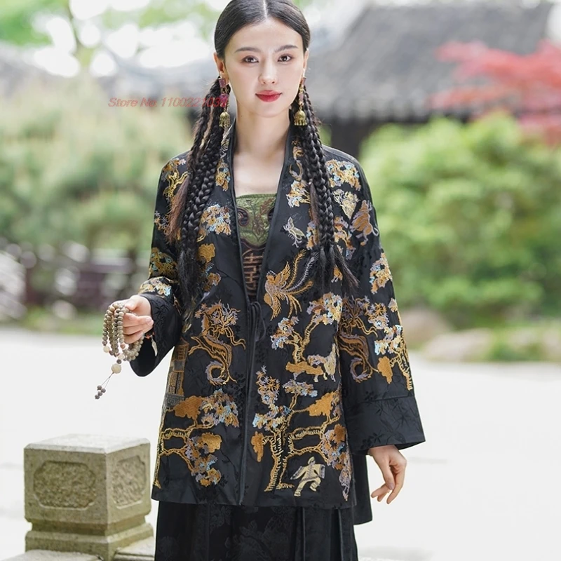 

2024 chinese vintage coat national flower embroidery v-neck jacket improved satin jacquard v-neck cardigan oriental hanfu tops