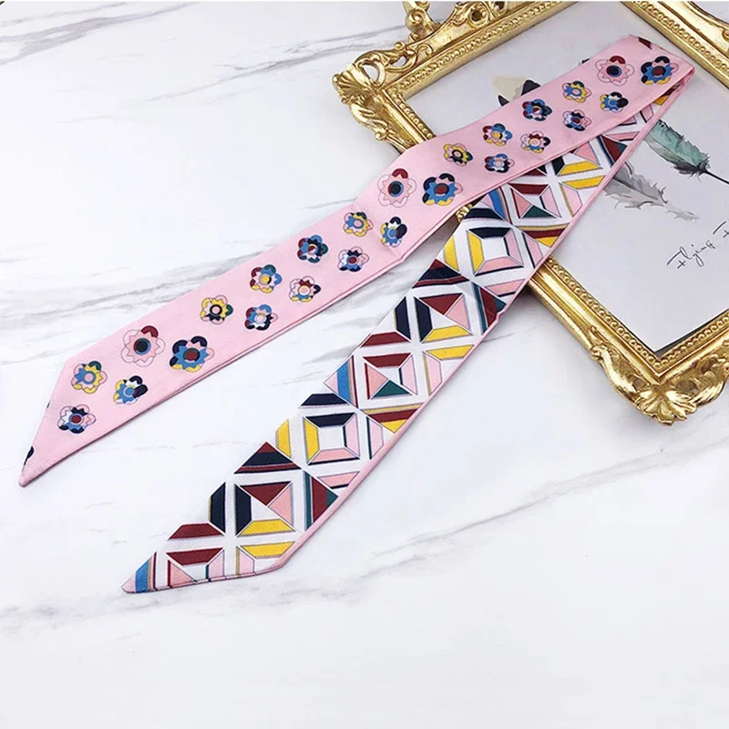 2024 Spring Border New Geometric Diamond Small Flowers Women\'s Decorative Small Silk Scarf Bundle Bag Handle Ribbon Small Scarf