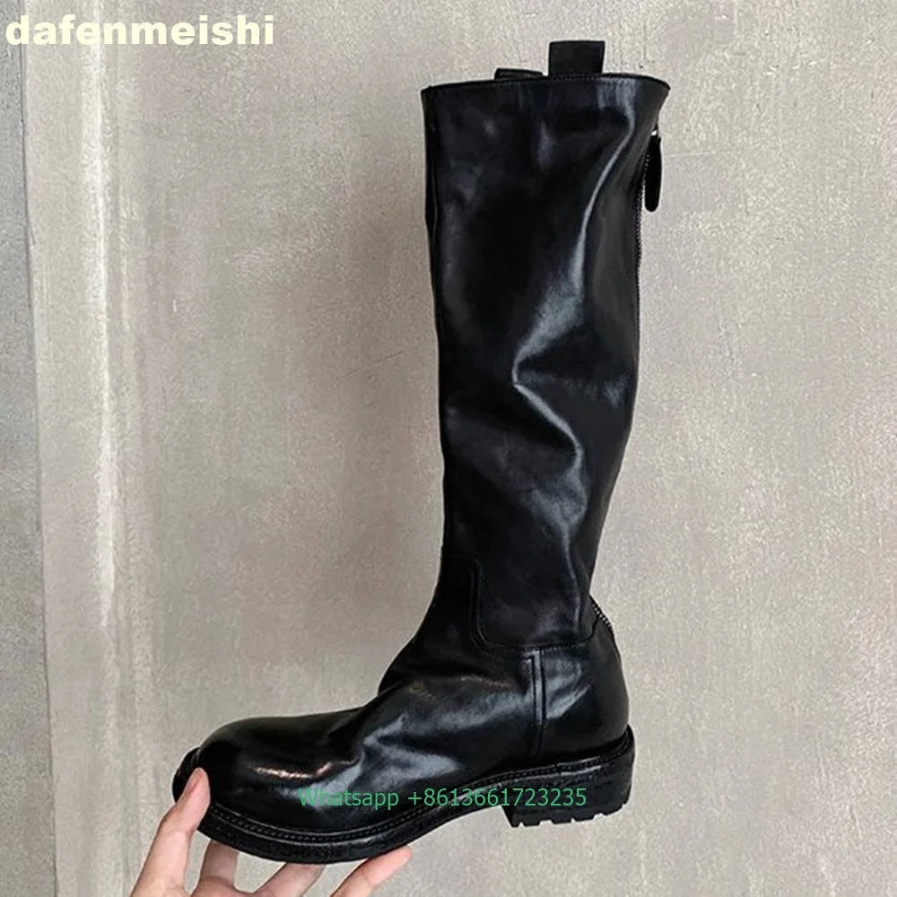 

Black Brown Leather Knee High Women Boots Round Toe Platform Back Zipper 2025 New Fashion Boots Solid Color Motorcycle Boots