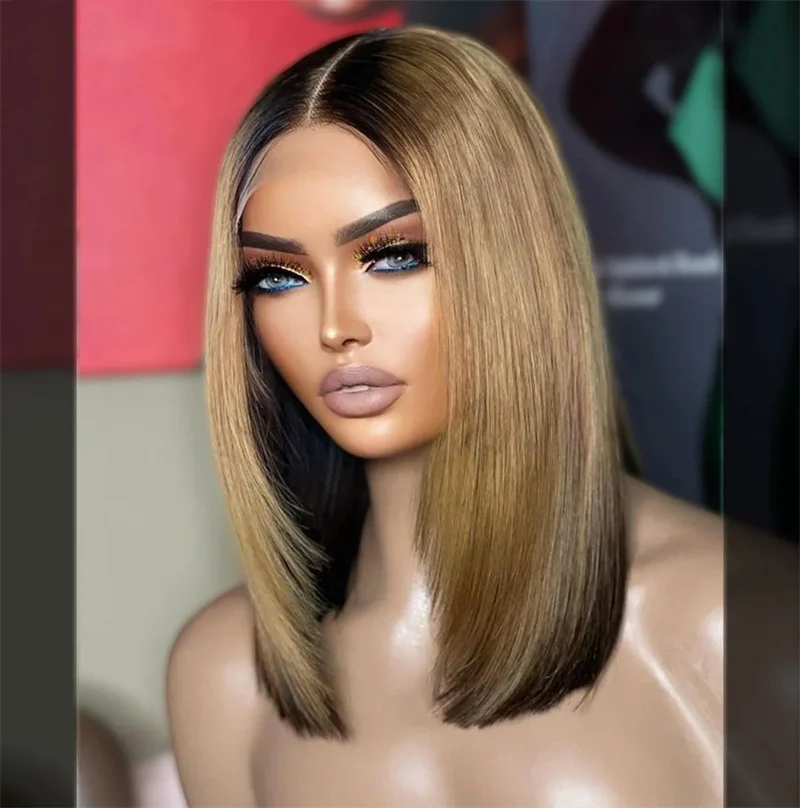 Qearl-Straight HD Real Cabelo Humano Lace Frontal Perucas, Glueless Lace Front Wig, Ombre Color, Pré Arrastado Bob Peruca, Novo em 13x4