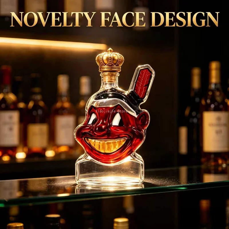 Retro Stylized Face Glass Wine Bottle Crown Cover Creative Whiskey Decanter Bar Tabletop Display Ornament