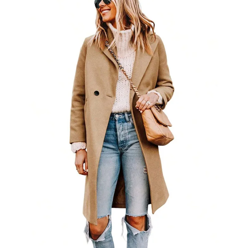 

Двубортное шерстяное пальто для женщин, весенний сезон, стандартная длина, ветровка, другие материалы, 100% трансграничная мода