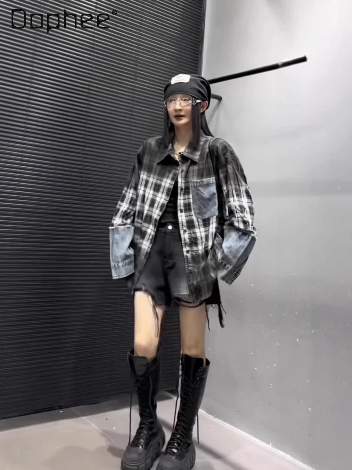 

Women's Shirt 2026 Spring New Vintage Denim Patchwork Plaid Loose Fit Turn-down Collar Mid-length Long-sleeved Jacket