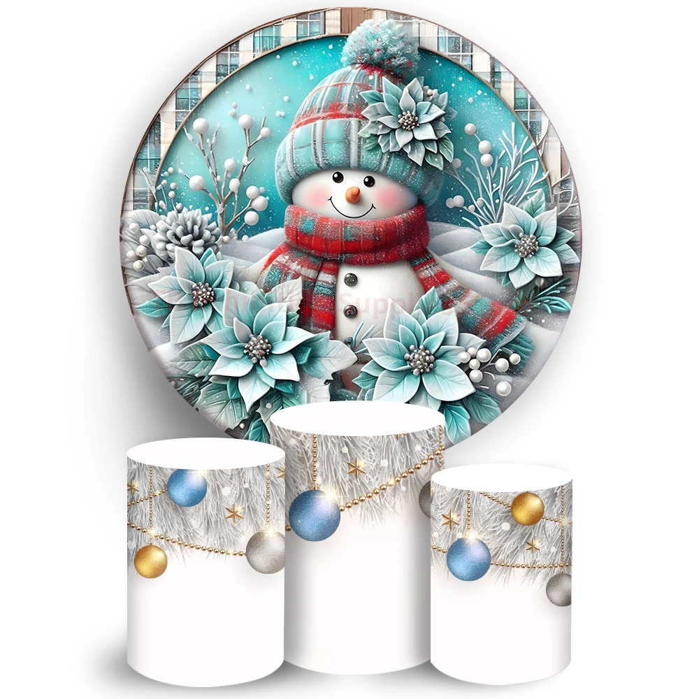 Christmas Round Backdrop 3d snowman floral pattern Glitter silver Cylinder cake background cloth cover Winter themed party Decor