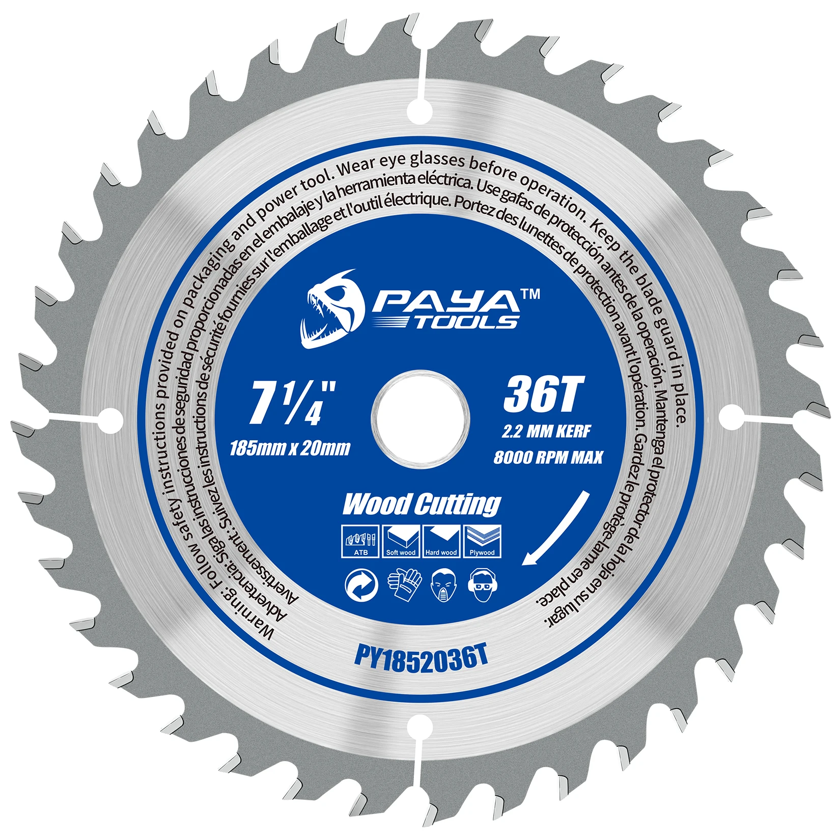 PAYA 185mm 7-1/4-Inch 36-Tooth Circular Saw Blade TCT ATB Framing Blade 20mm Bore for Wood Fast Cutting Meets EN847 Standards