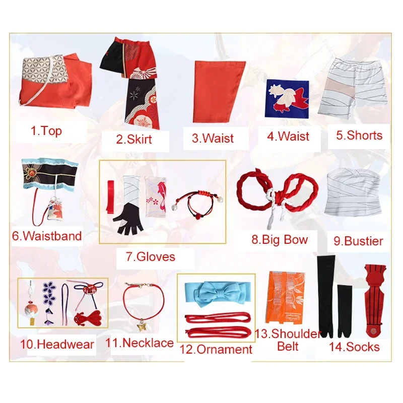 Genshin Impact Yoimiya Cosplay Kostüm Halloween Karneval Party Anime Cosplay Kostüm Requisiten Schmuck Perücke