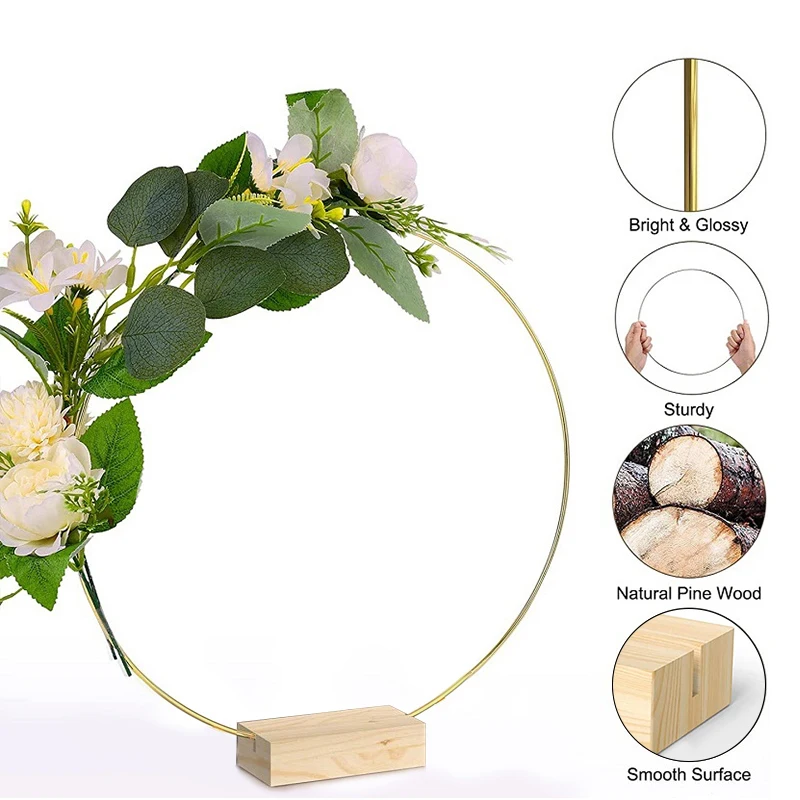 10Pcs Metal Floral Hoop Centerpiece Gold Metal Wreath Rings with Stand Wedding Table DIY Craft Decoration Place Card Holders