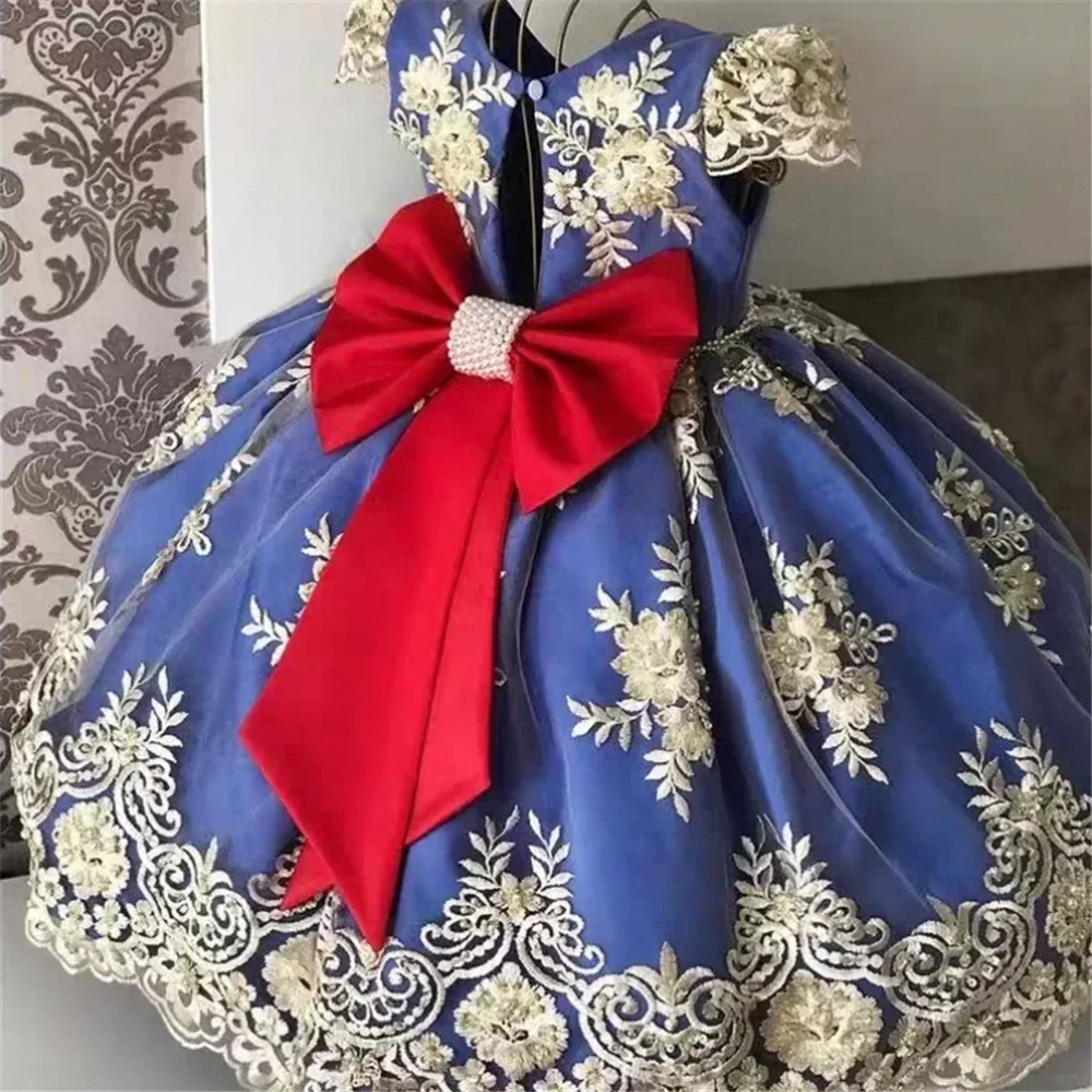 Blau Goldenes Blumenmädchenkleid Flory Stickerei Schleife Kurzarm für Hochzeit Kinder Geburtstagsgeschenk Party Erstkommunion Kleider