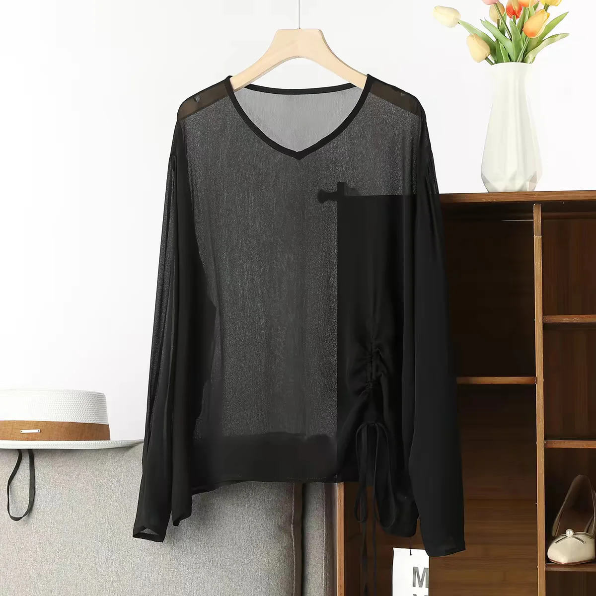 Women's plus Size Chiffon Blouse round Neck Drawstring Sheer Long Sleeve Sexy shirts Loose Casual Vintage Summer Top