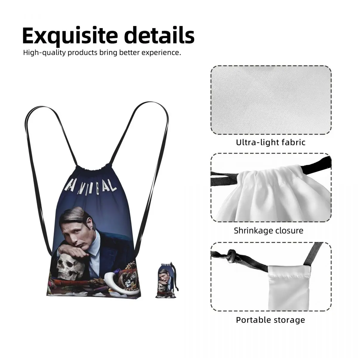Hannibal Mads Mikkelsen Horror Movie Merch Drawstring Backpack Sports Gym Bag Portable Travel Drawstring Bag for Men Women