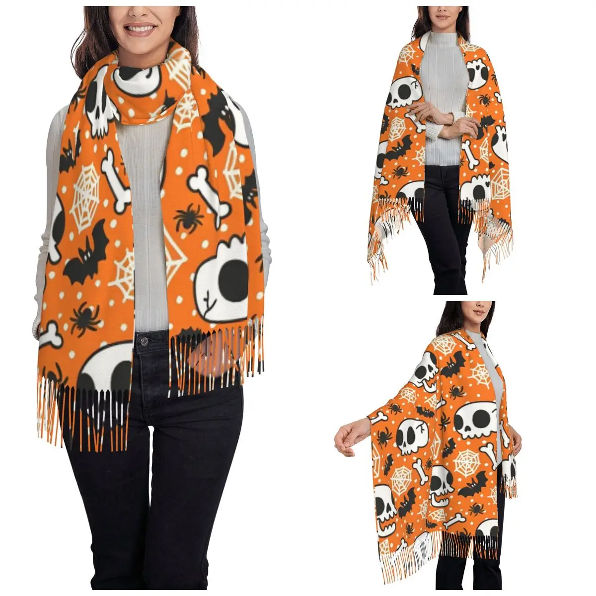 Halloween Pumpkins Ghosts Shawls Wraps Womens Winter Warm Large Soft Scarf Trick or Treat Kawaii Pashminas Tassel Scarves