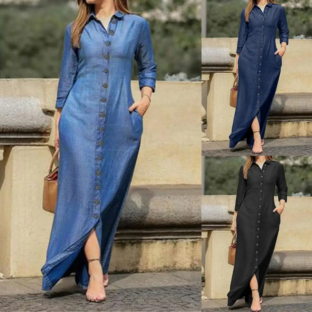 Great Denim Dress Slim Large Hem Solid Color Single Breasted Denim Maxi Dress  Youthful Shirt Dress for School