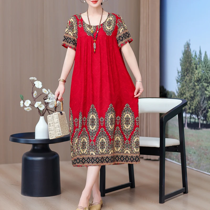 

Vintage print Dress Women Boho short Sleeve casual Dress o-neck Collar Casual Dresses Robe