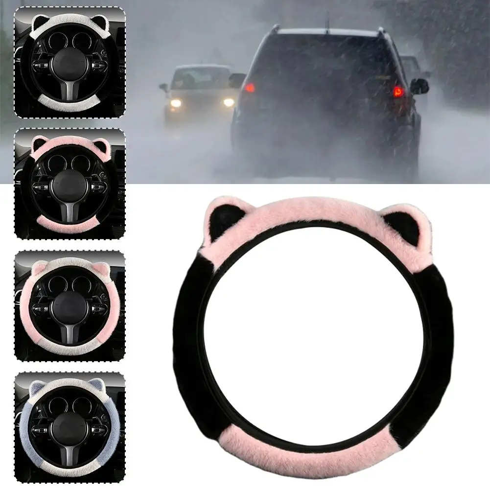 Winter Plush Car Steering Wheel Protective Cover Universal Non-slip Soft Cute Cat Ears Plush Steering Wheel Cover Dropshipping