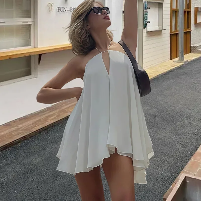 

Summer Chic Lady Short Dresses Fashion Off Shoulder Backless A Line Vestidos Spring Women Sexy Halter Layered Ruffles Mini Dress