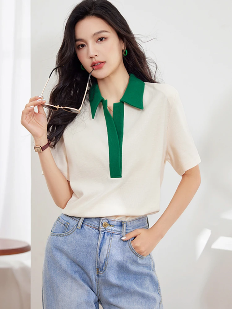 2024 Summer New Color Contrast Pullover Top Women Turn-down Collar Casual Short Sleeve T-shirt Lazy Style