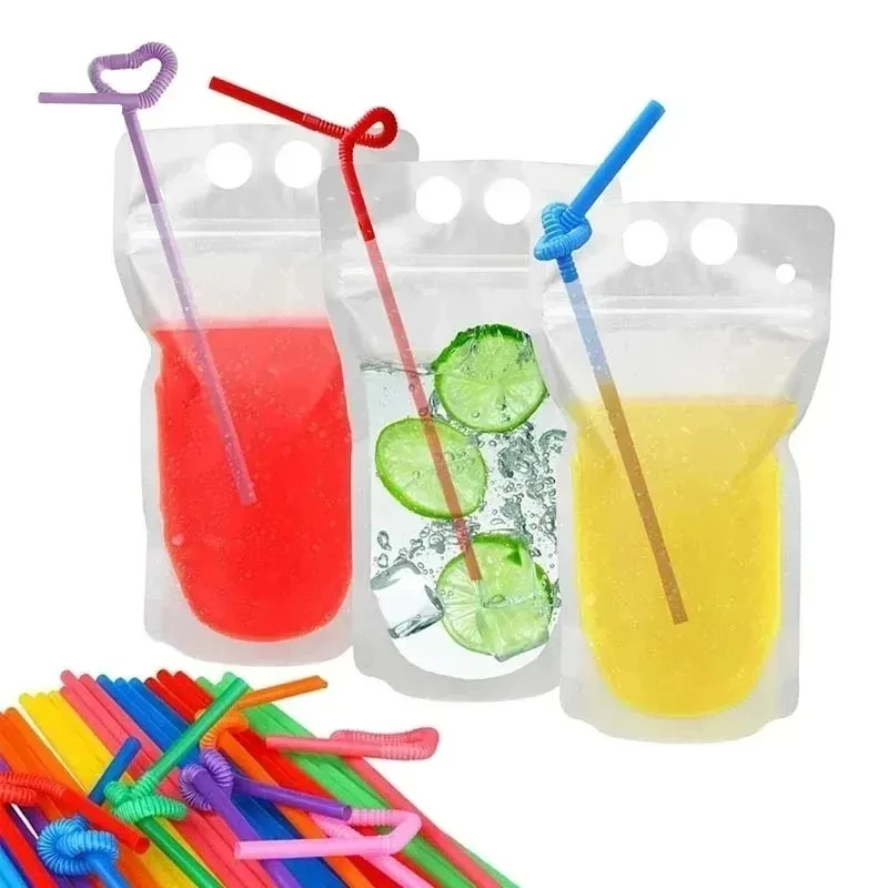 100 Drink Bags Translucent Freezable Juice Bags Closed Zipper Plastic Bags for Hot and Cold Drink Bags for Adults and Children