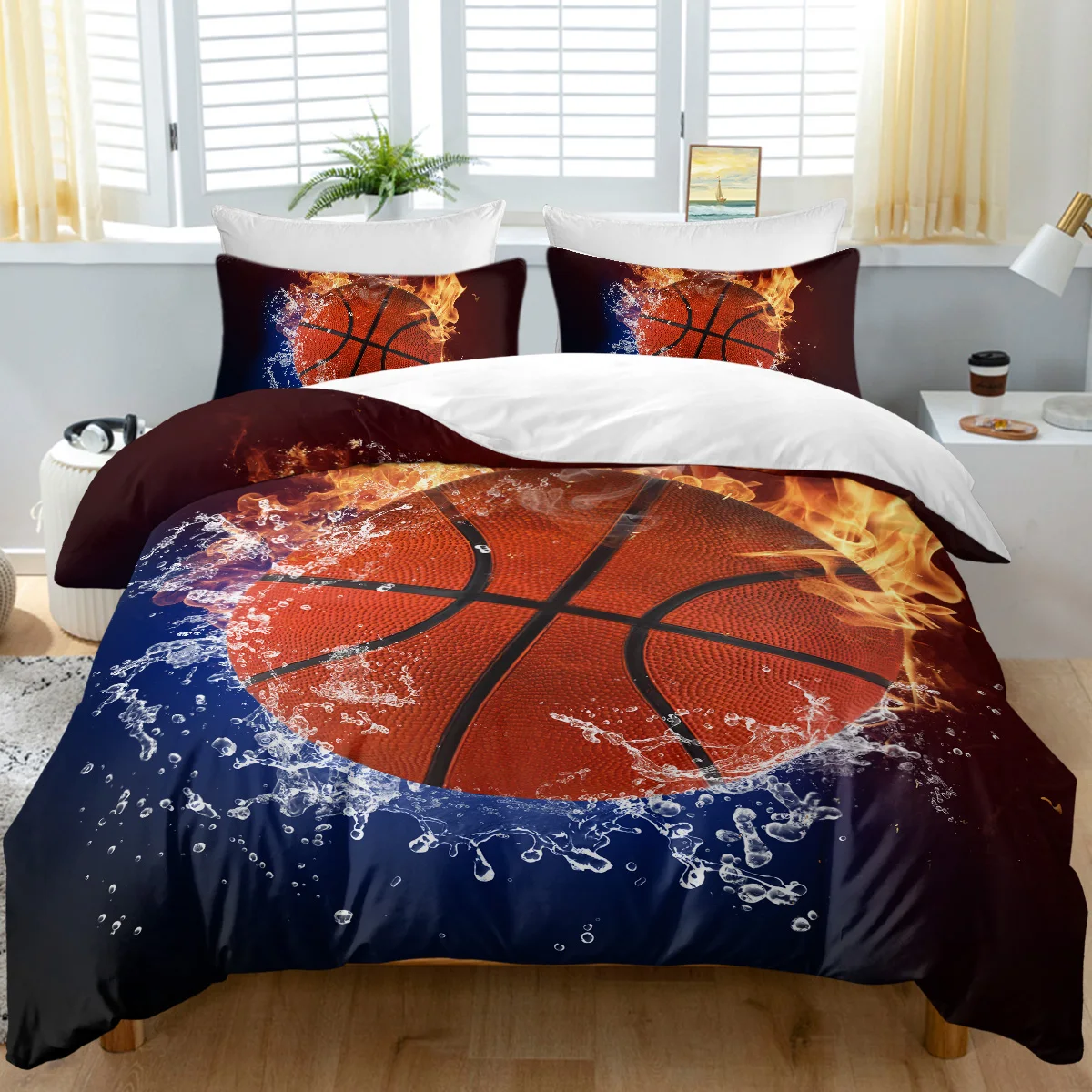 

3pc Fire and Water Basketball Design Bedding Set for Sports Lovers Quilt Cover with Zipper Closure and 2 Pillow Cases