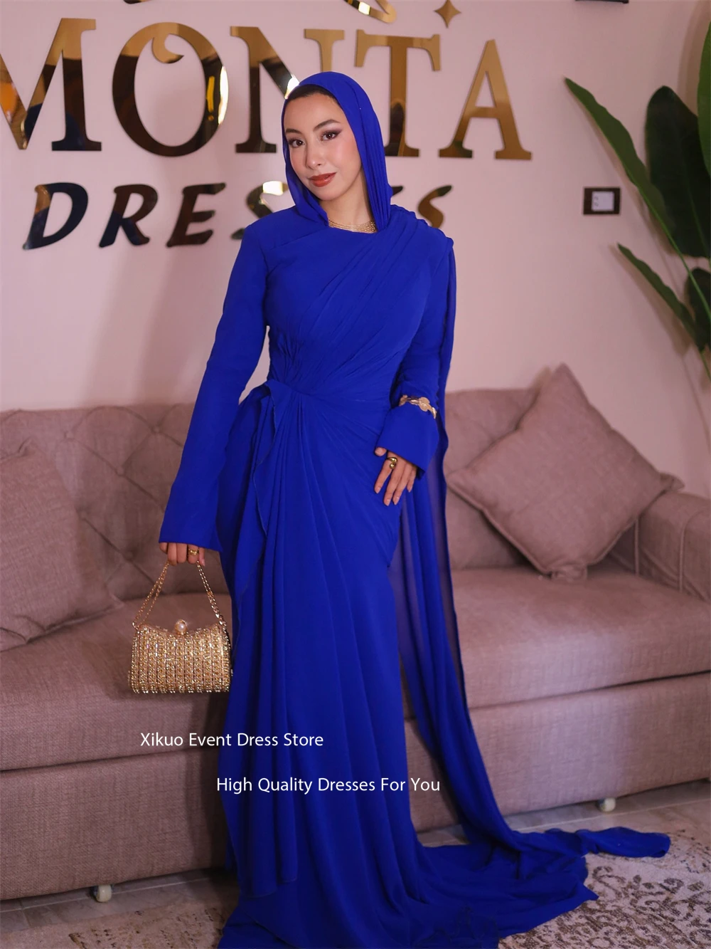 Xikuo Elegant Royal Blue Chiffon Evening Gowns O Neck Pleated Cocktail Dresses Muslim Mermaid Long Sleeves Prom Dress Customized