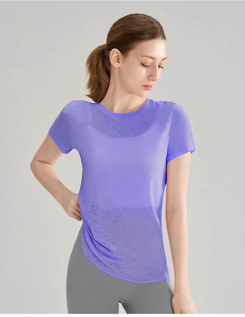 Bambusgarn-Sport-T-Shirt mit schönem Rückendesign, Yoga-Kleidung, Oberteil, schnell trocknendes Fitness-Shirt mit kurzen Ärmeln – Detail 10