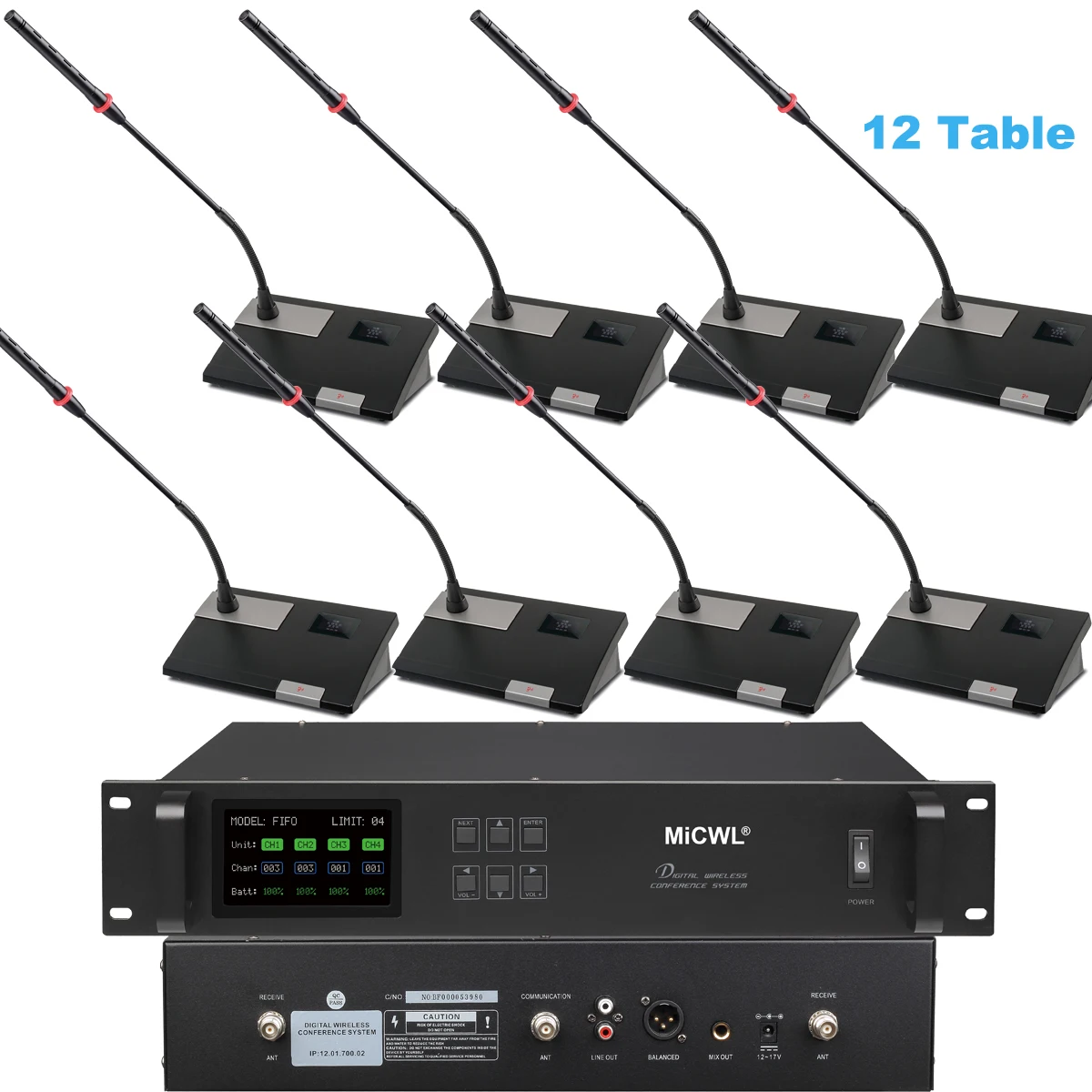 

MiCWL Pro Digital 12 Desktop Gooseneck Wireless Conference Microphones System A10M Series President and Delegate Table Mics