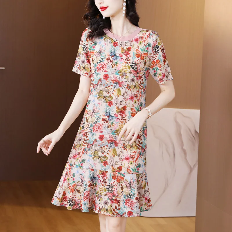 

2023 Summer New Silk Flower Print Short Sleeve Dress Women's Loose Large O-Neck Western Silkworm Fish Tail Dress T-shirt Dress