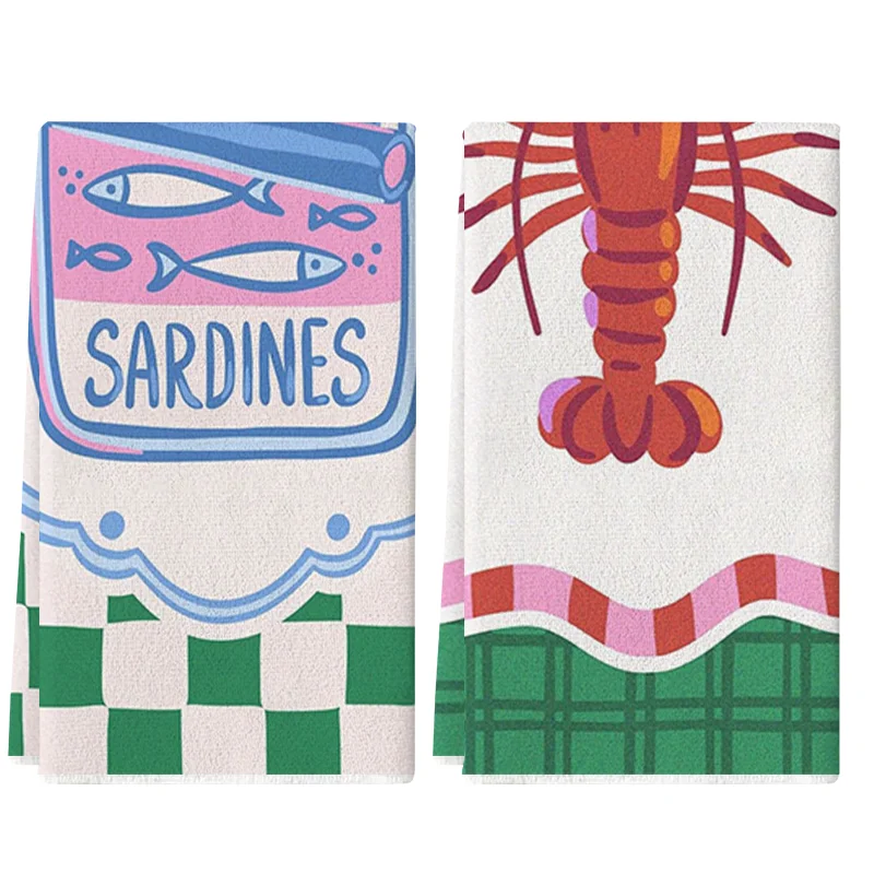 2 piezas, paños de cocina con estampado a cuadros rojos y verdes con diseños de sardinas y langostas, juego de paños de 40 cm x 60 cm, paño de limpieza suave súper absorbente, paño de cocina para cocinar y hornear, toalla de mano, paño de limpieza, paño p