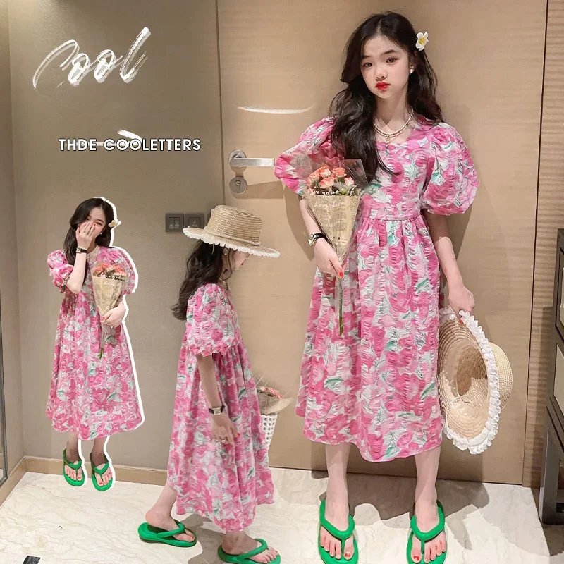 Girls Floral Dress Summer 2023 Fashion Pink Printed Puff Sleeve Princess Dress for Kids 10 12 Years Casual Teen Children Clothes