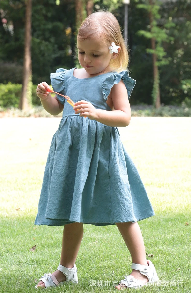 Children's New Style Girls' Summer Dress Cotton and Linen Thin Style Baby Girl Flying Sleeves Solid Color Backless Dress