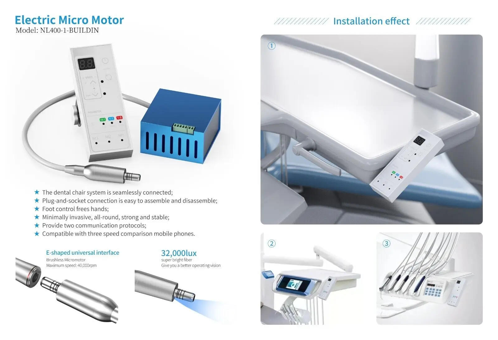 Dental Electric Micro Motor Brushless LED Handpiece Compatiable With 1:1/1:5/16:1 Handpiece Built-in Fit Dental Chair