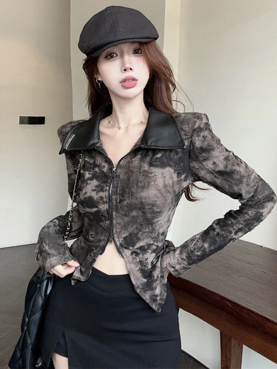 Sexy Spicy Girl Long Sleeve Gradient Dyeing Straight Leg Slimming T-Shirt Double Zipper Trendy Waist Cinching Top for Women