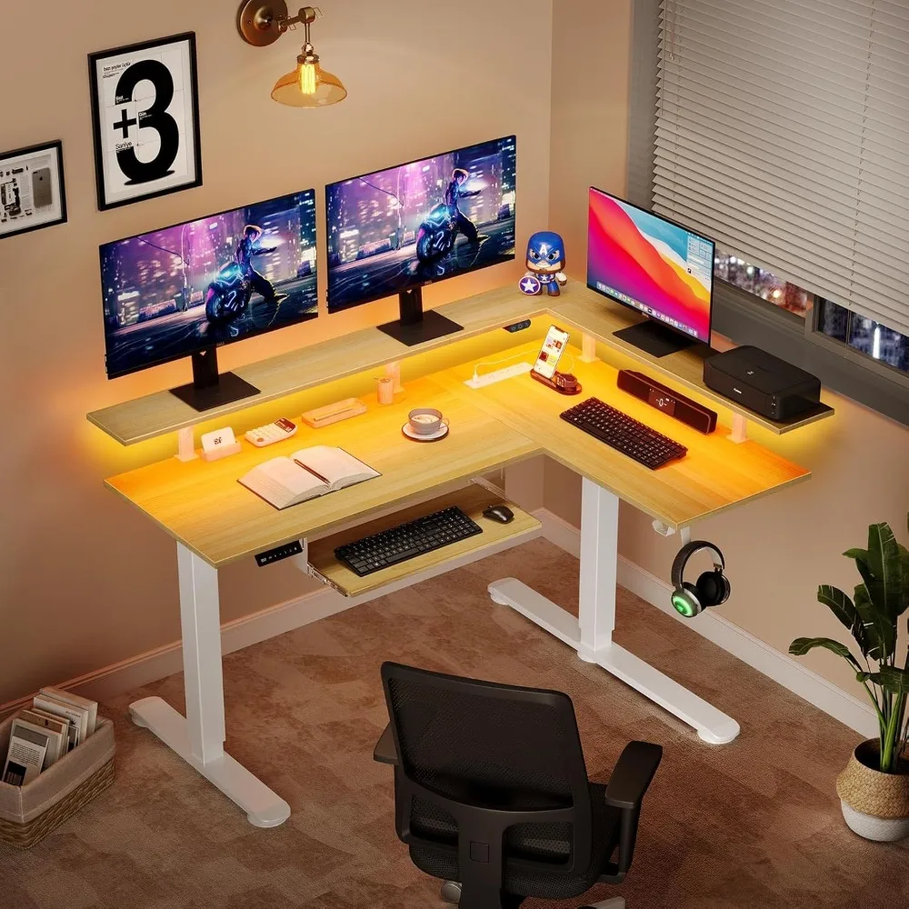 Electric Standing Desk L Shaped with LED Light & Power Outlet, Dual Motor Height Adjustable, Includes Monitor Stand &