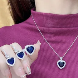 Really 925 Sterling Silver Big 6ct Heart of the ocean Blue Sapphire Wedding Necklace Ring Earrings Jewelry sets for Women gift