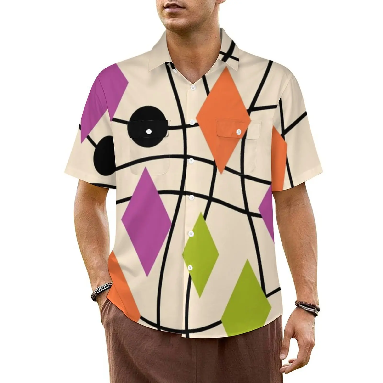 Hawaiian Shirt Beach Mid Century Blouses Geometric Abstract Classic Casual Shirts Man Short Sleeve Harajuku Oversized Top