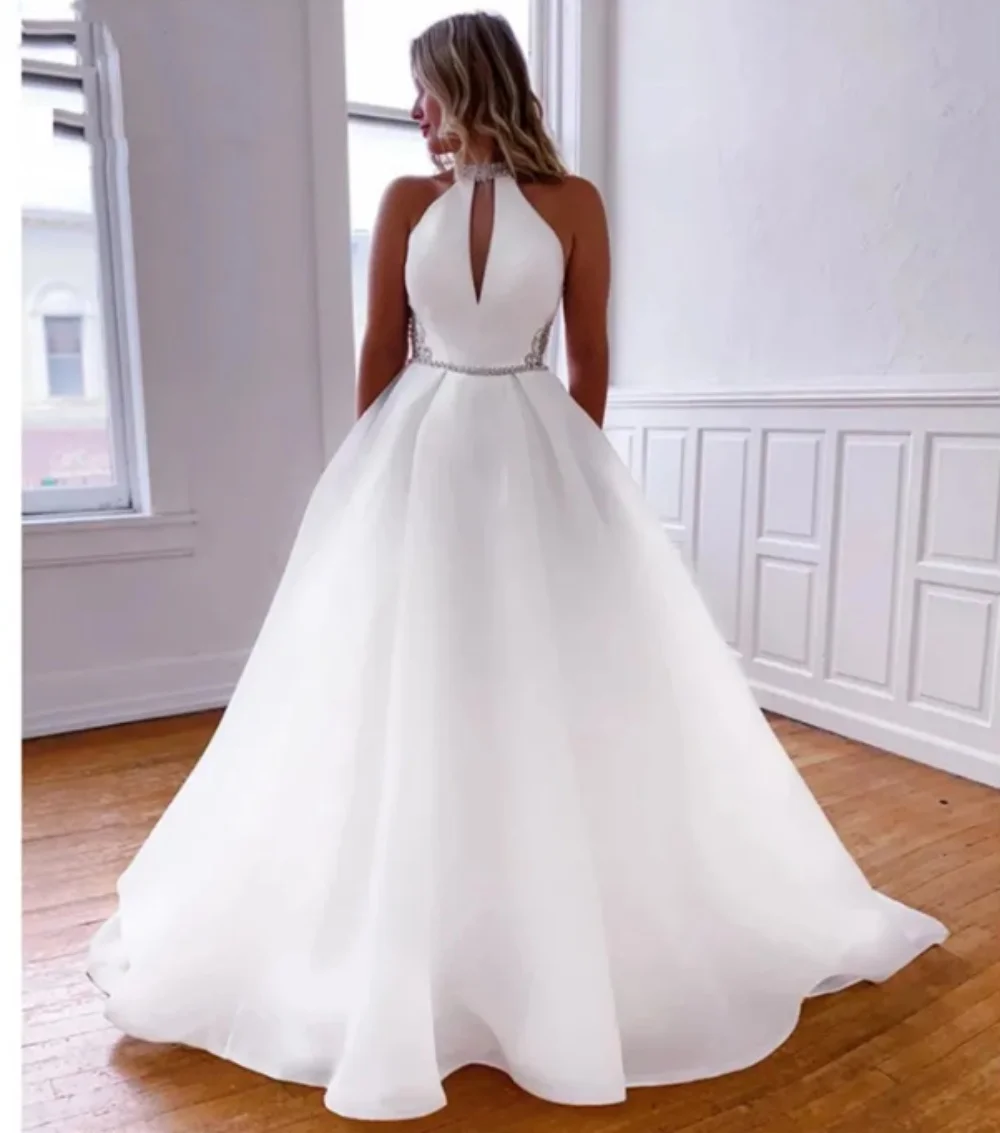 Abito da sposa donna Sexy senza maniche perline Appliques a-line abito da sposa bianco abito da festa nuziale lungo fino al pavimento 2024nuovo abito da ballo