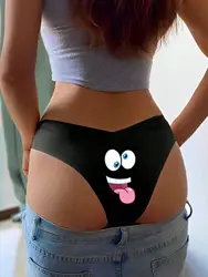 Wacky Face Print Bikini Panties Seamless Briefs Playful Cartoon Underwear Thong for Women Whimsical Gifts