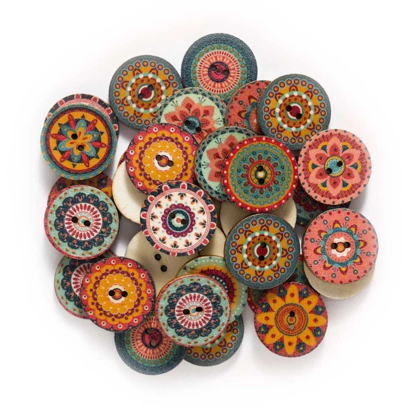 50/100PCS Vintage Painted Printed Wooden Buttons -15mm 20mm 25mm DIY Craft Accessories Handmade Exquisitely Decorated