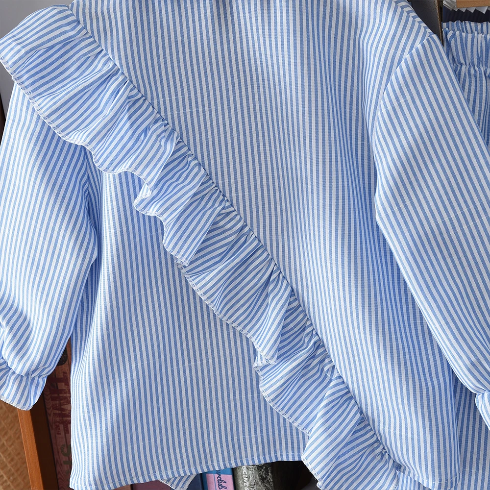 النسخة الكورية ملابس الفتاة الزرقاء عادية غير النظامية الدانتيل قميص طويل الأكمام مطوي السراويل الطويلة قطعتين مجموعة الخريف جديد #4