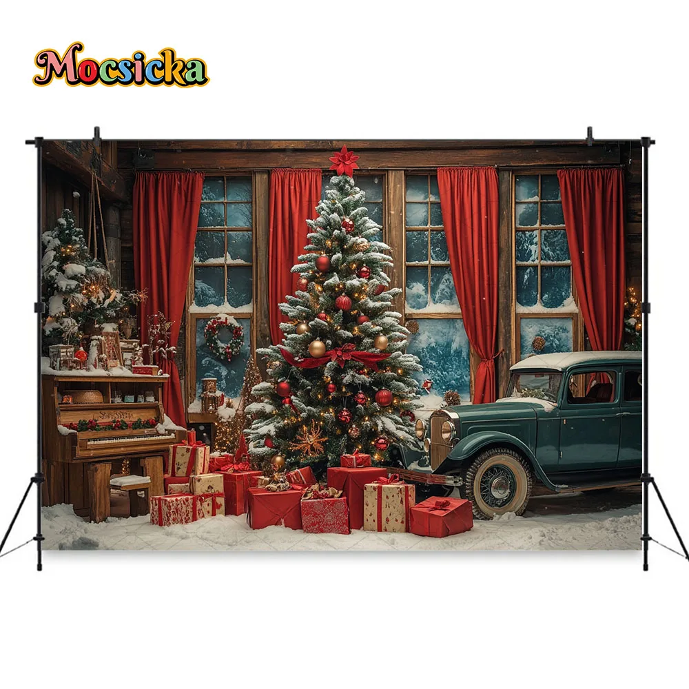 Retro Christmas Gift Room Background Photography Wooden Window Xmas Tree Toys Cars Backdrop New Year's Eve Family Photo Studio