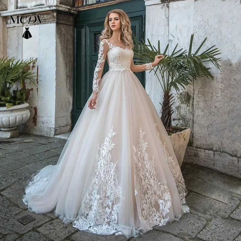 

MCDV Classic Wedding Dress Illusion Long Sleeves Scoop Neck Beading Applique Sweep Train Bridal Gown for Bride Customized