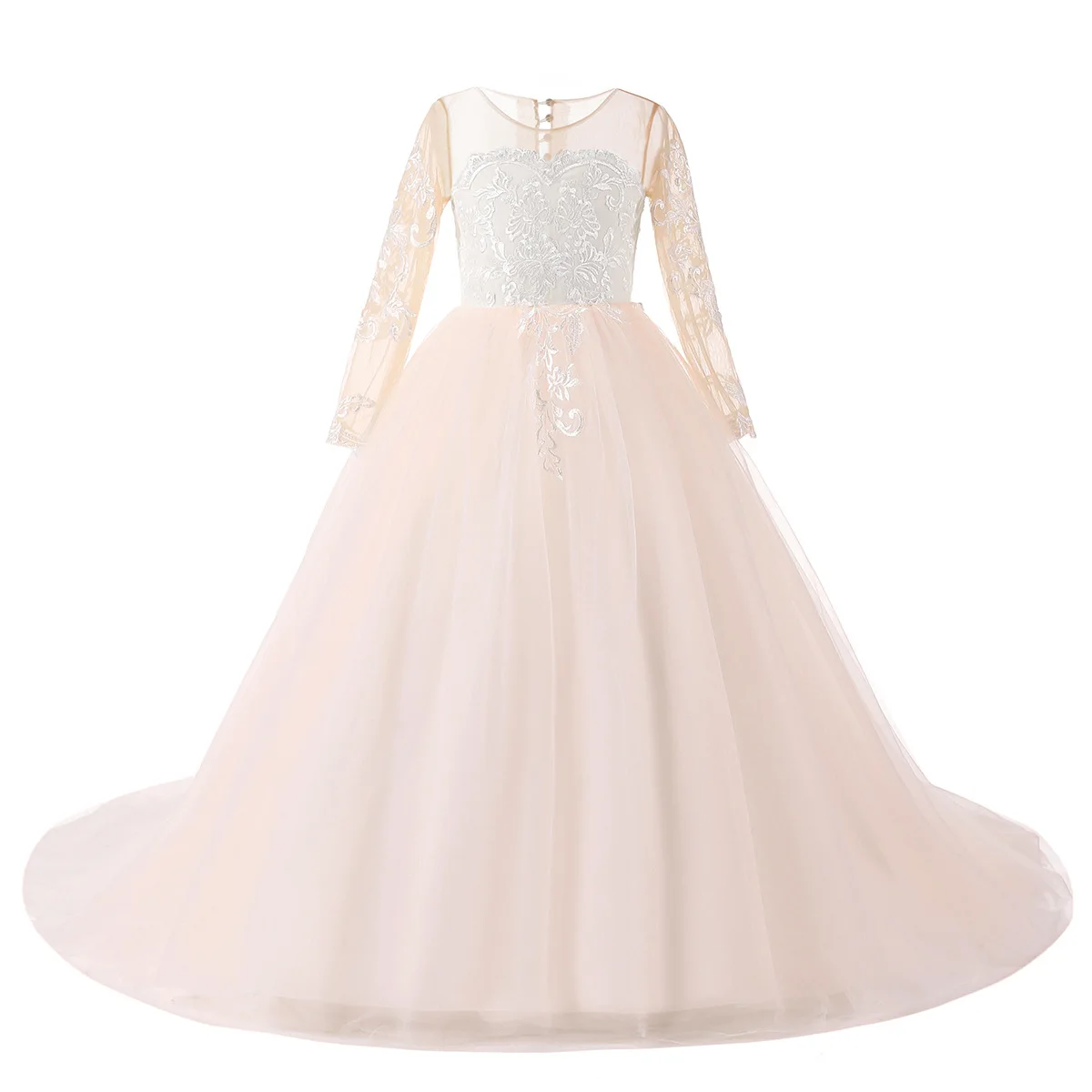 Customized Flower Girl Dresses Champagne Tulle Puffy White Appliques Long Sleeve For Wedding Birthday Party Holy Communion Gowns